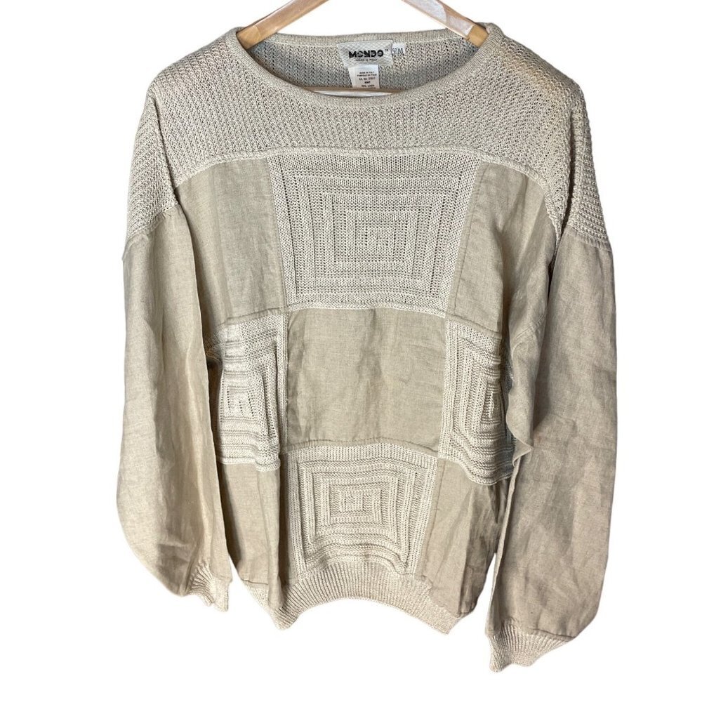 Vintage 80s 90s Mondo Beige Linen Cotton Patchwork Knit Sweater Sz 50